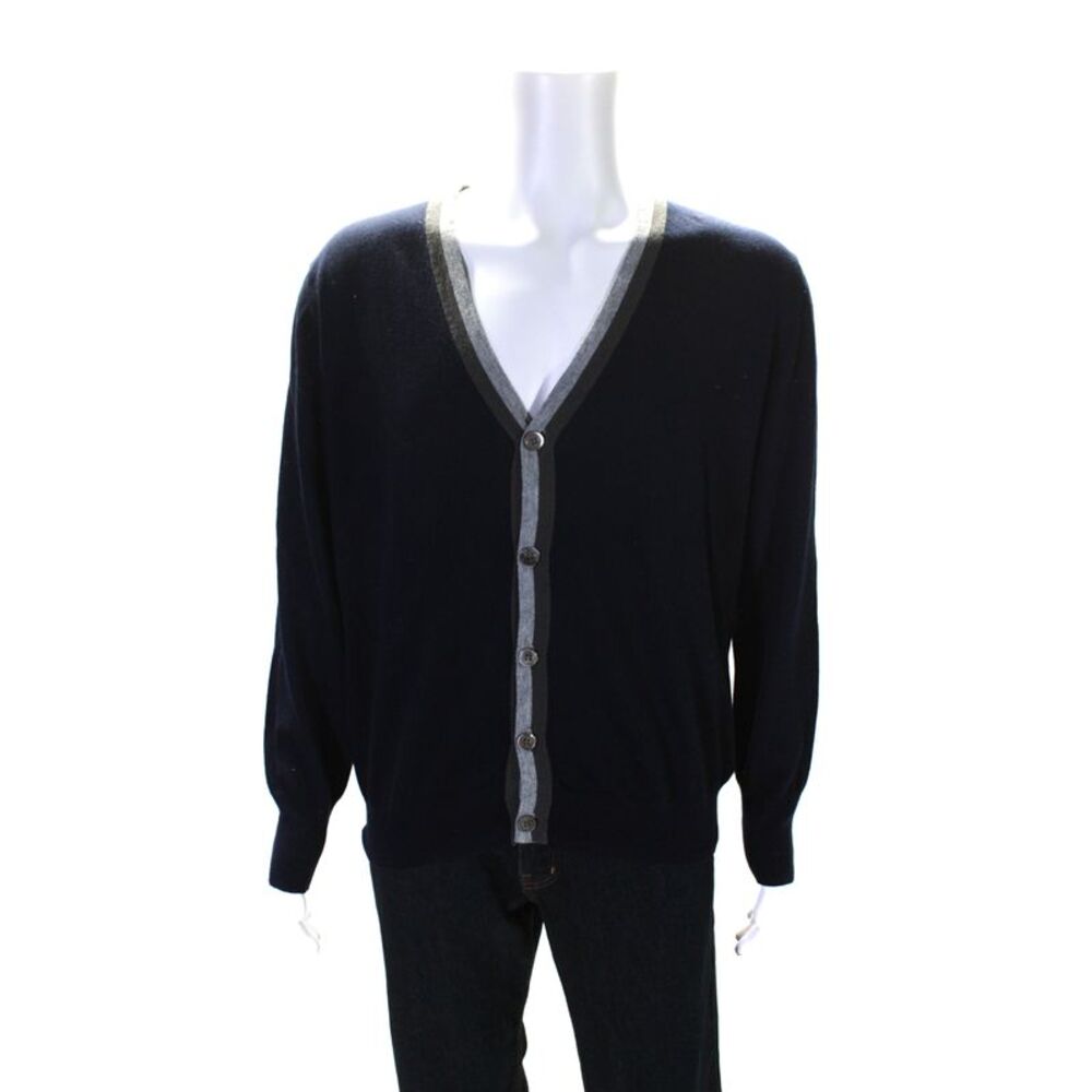 Hartford Mens Cotton Knit Long Sleeve V-Neck Sweater Cardigan Navy Blue Size XL